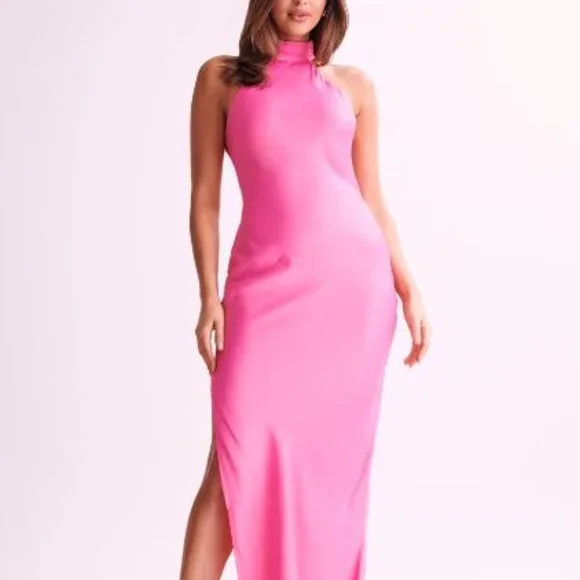 Meshki Satin Drape Back Maxi Dress with Split - Pink / XS - Picture 5 of 12